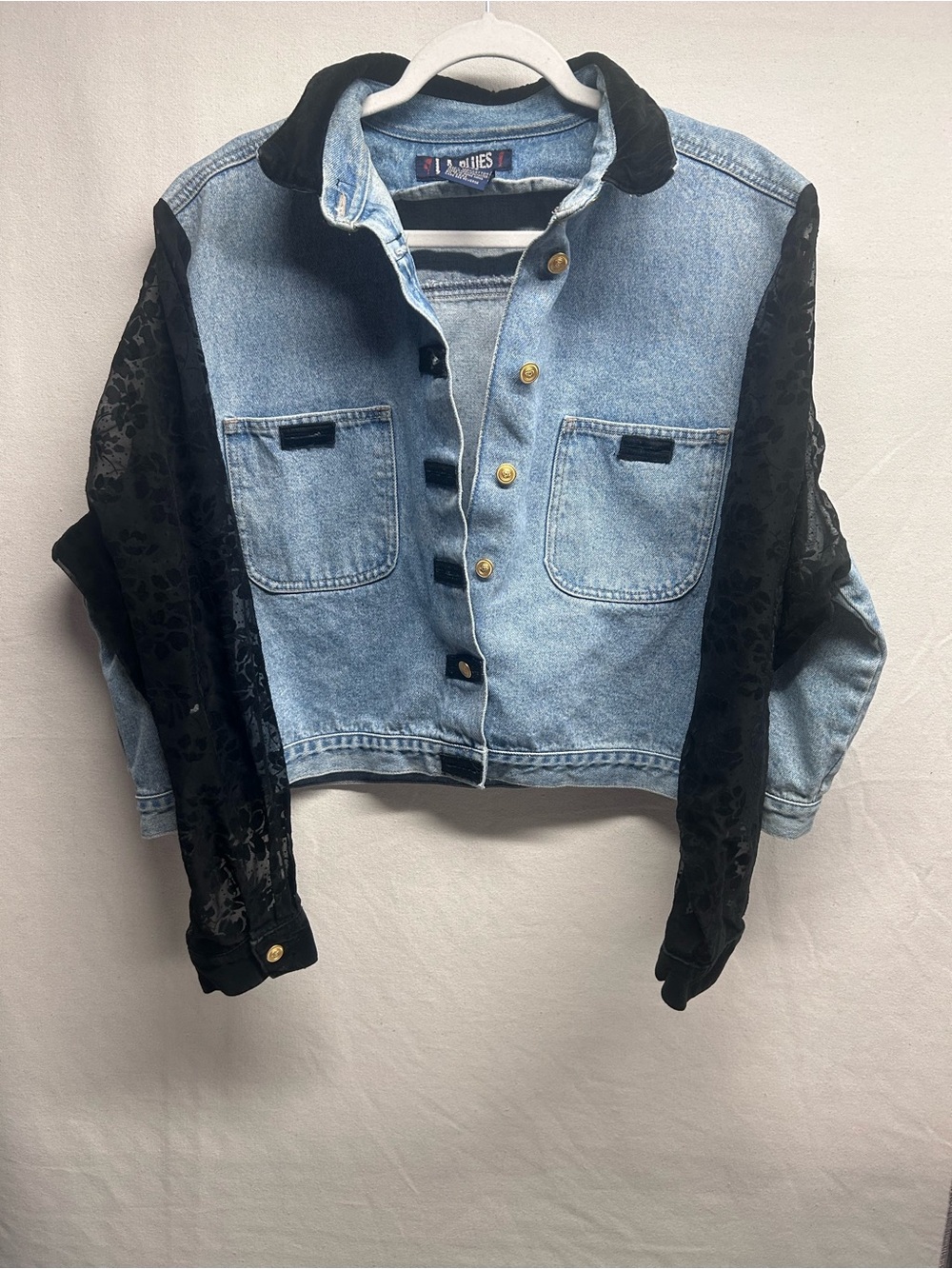 L.A. Blues Light Blue Denim Jacket with Black Lace Sleeves